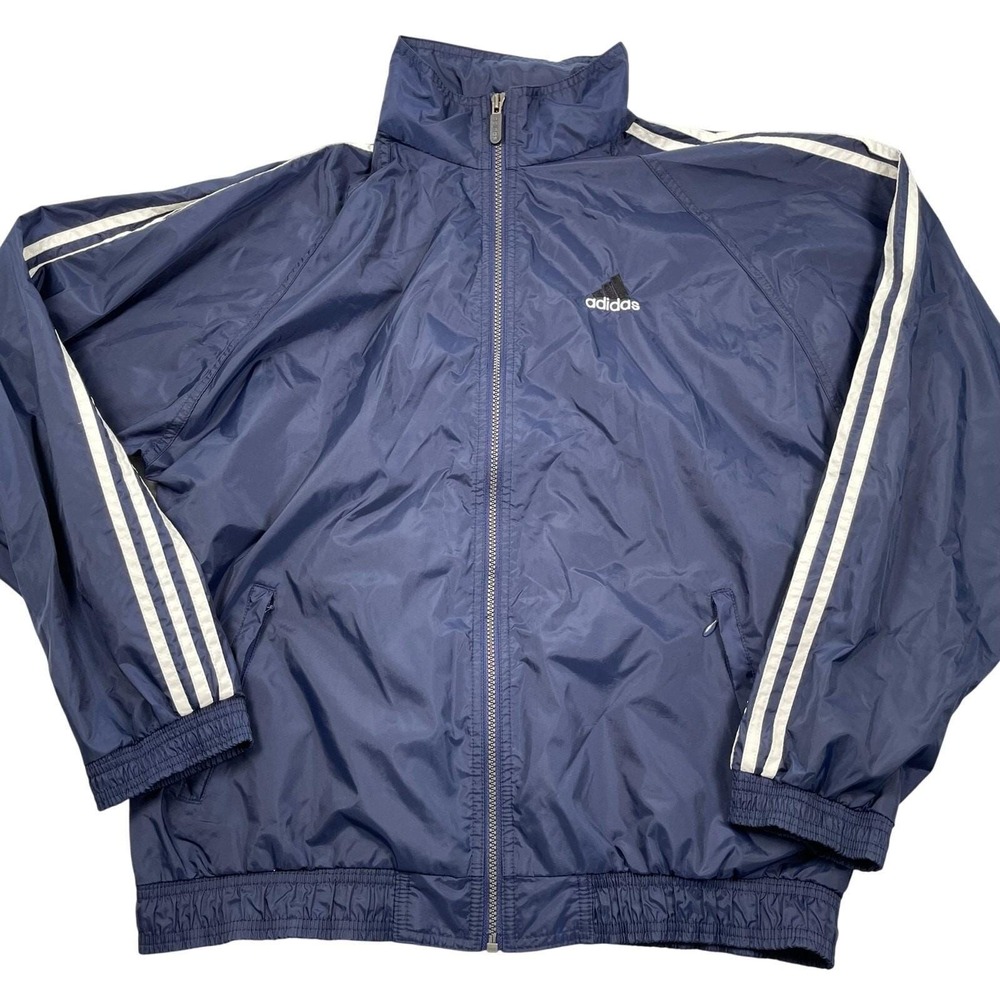 Vintage Y2K Adidas Jacket Mens Medium Navy Windbreaker Vented‎ Mesh Lined Hood